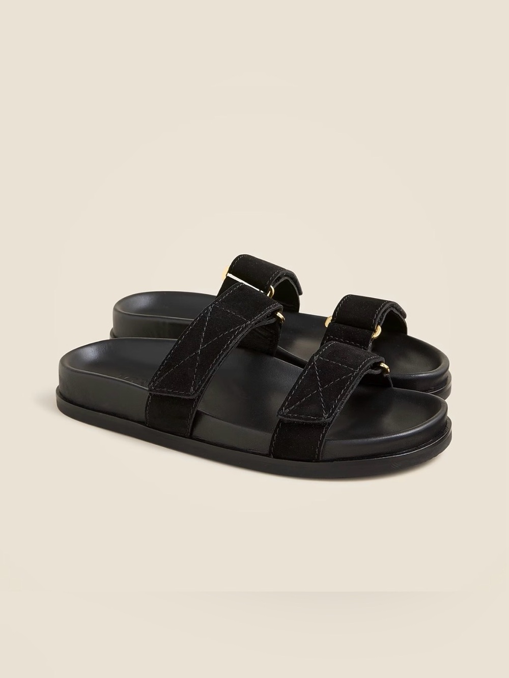 J. Crew Colbie Black Double-Strap Slide Sandals in suede and leather